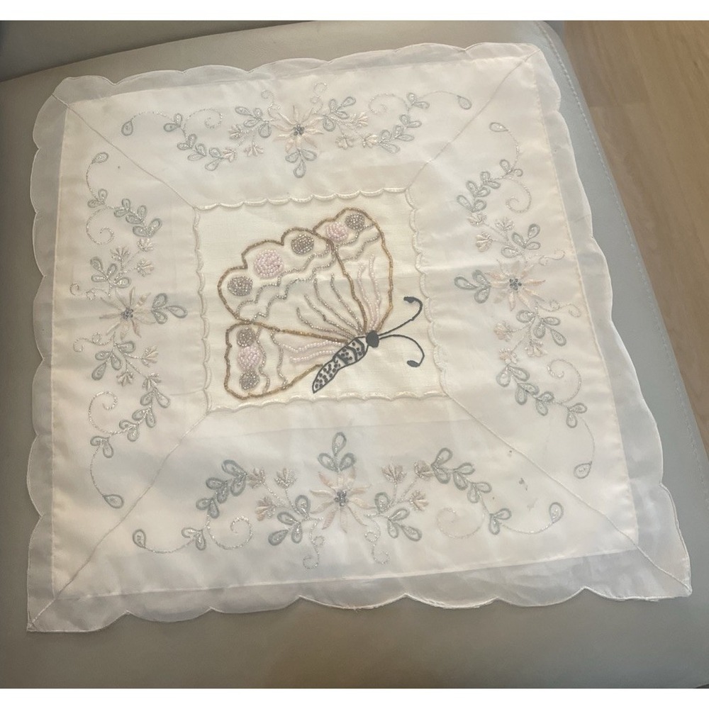 Vintage Boudoir Pillow 15x15 Cover Square Flowers Butterfly Beads Embroidered